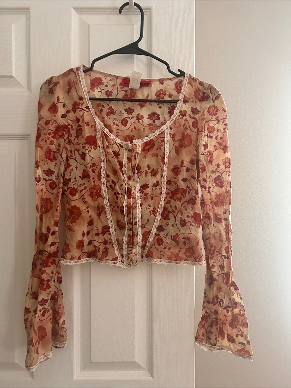 Necessary Objects Sheer Floral Tie-Front Blouse in Cream and Rust